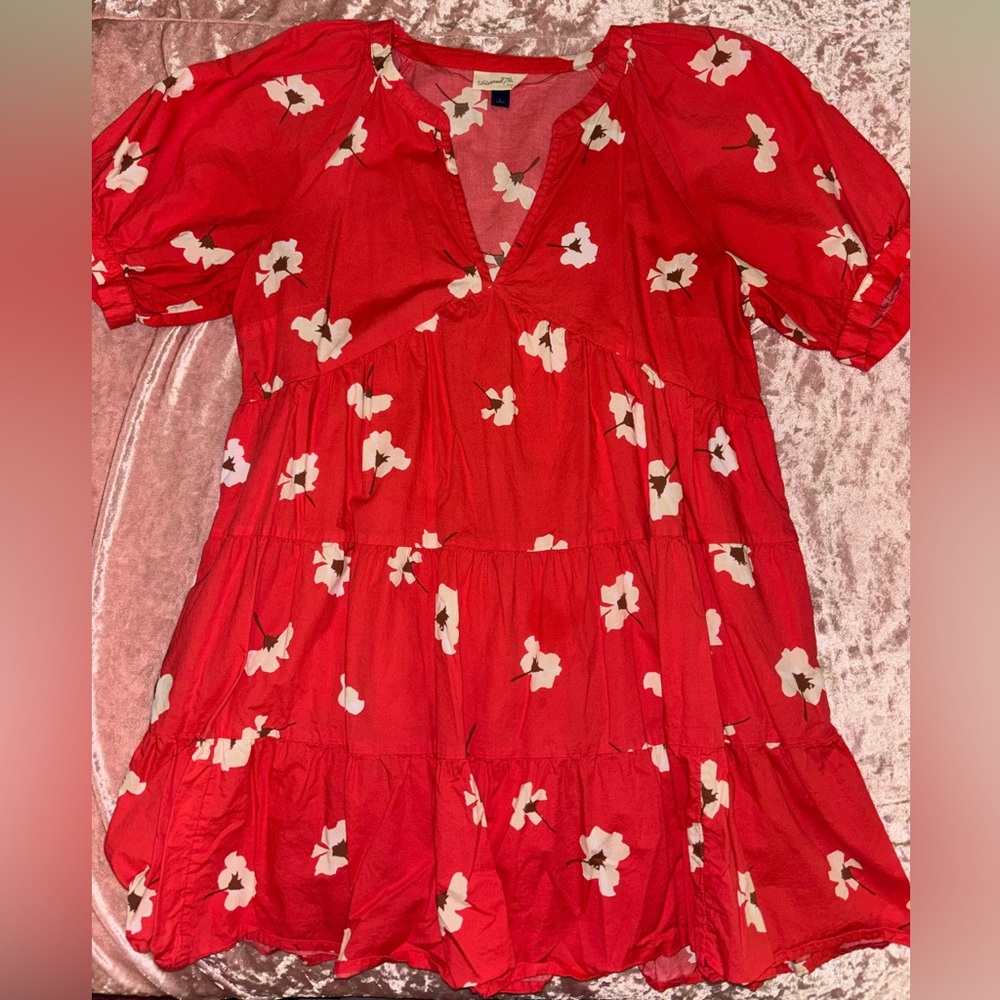 Red dress with cream colored flowers